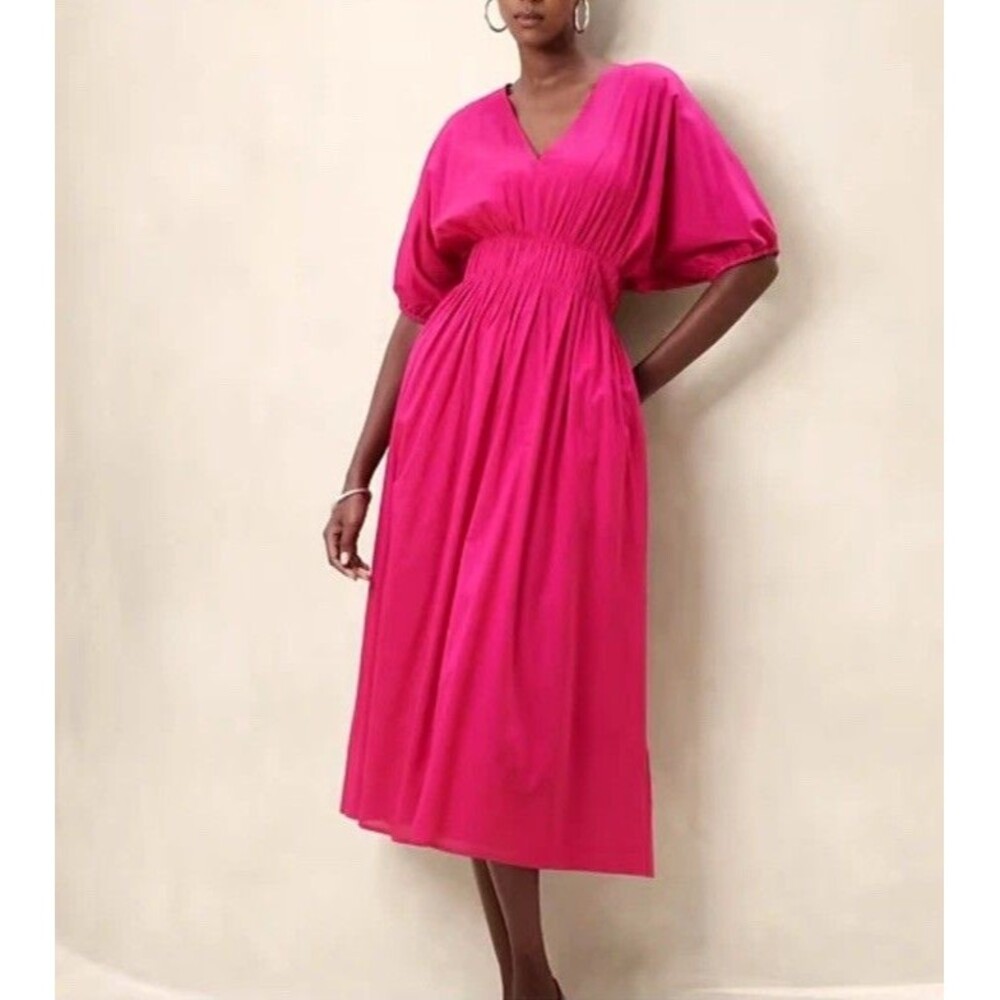 NWT Banana Republic Caftan Midi Dress Sz L Elbow Sleeves Voile Pink Cotton - Picture 1 of 10